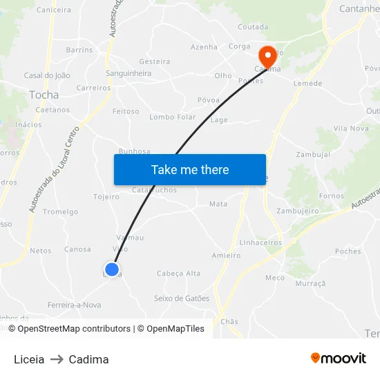 Liceia to Cadima map