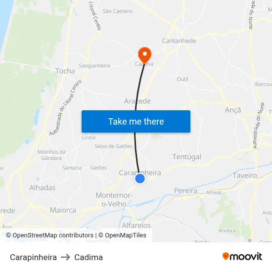 Carapinheira to Cadima map