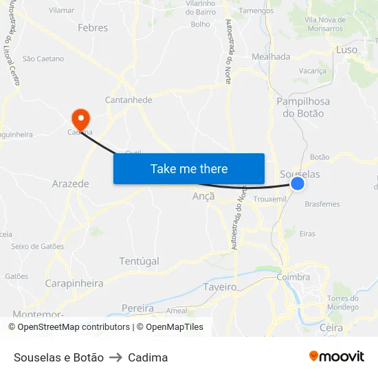 Souselas e Botão to Cadima map