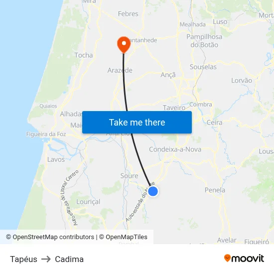 Tapéus to Cadima map