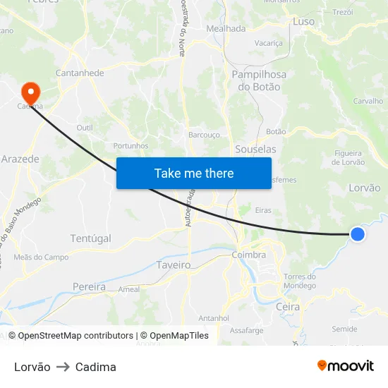 Lorvão to Cadima map