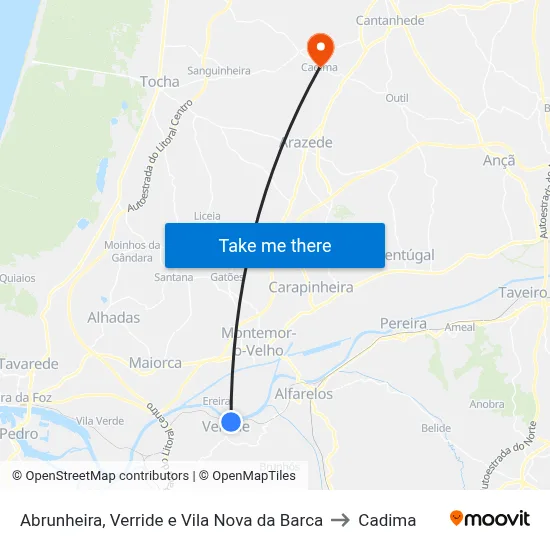 Abrunheira, Verride e Vila Nova da Barca to Cadima map