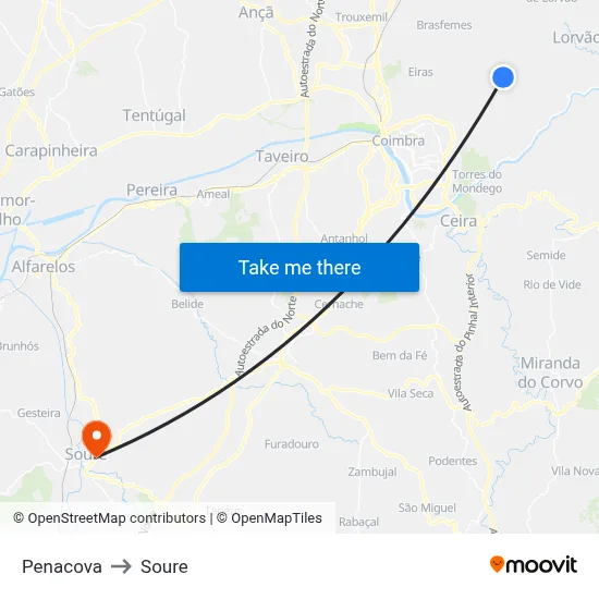 Penacova to Soure map
