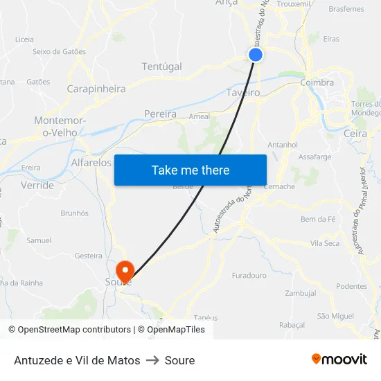 Antuzede e Vil de Matos to Soure map