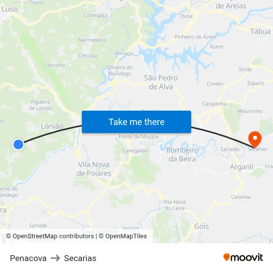 Penacova to Secarias map