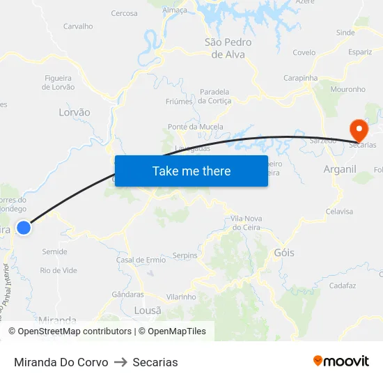 Miranda Do Corvo to Secarias map