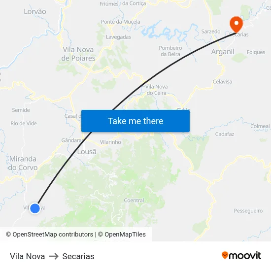 Vila Nova to Secarias map