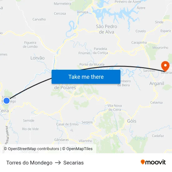 Torres do Mondego to Secarias map