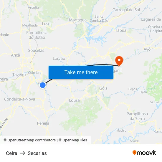 Ceira to Secarias map