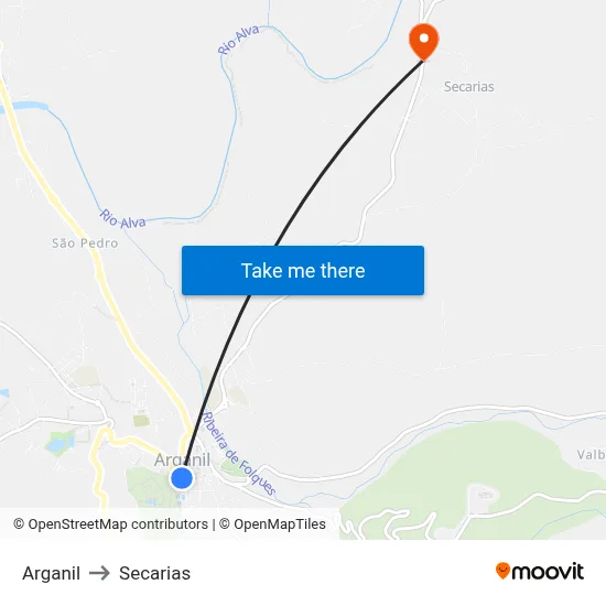 Arganil to Secarias map