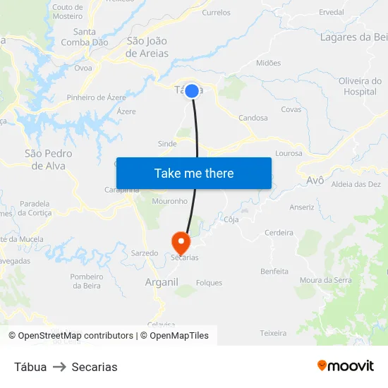 Tábua to Secarias map