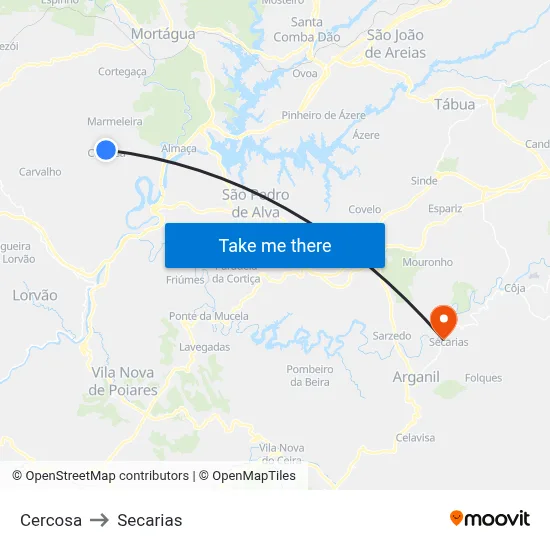 Cercosa to Secarias map