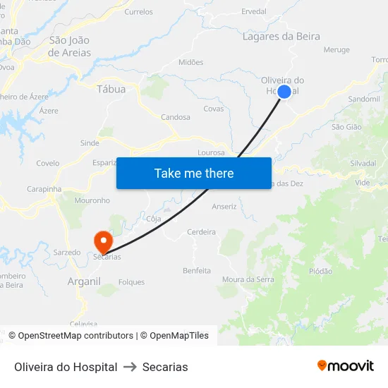 Oliveira do Hospital to Secarias map