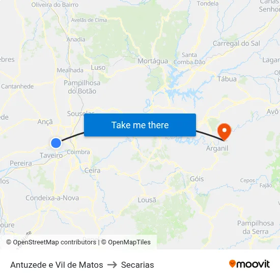 Antuzede e Vil de Matos to Secarias map