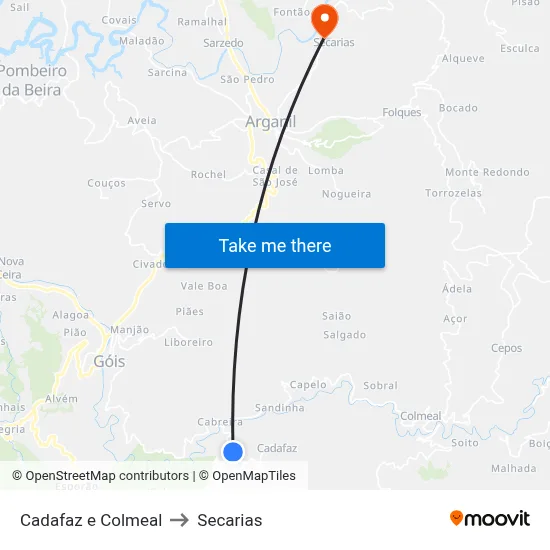 Cadafaz e Colmeal to Secarias map