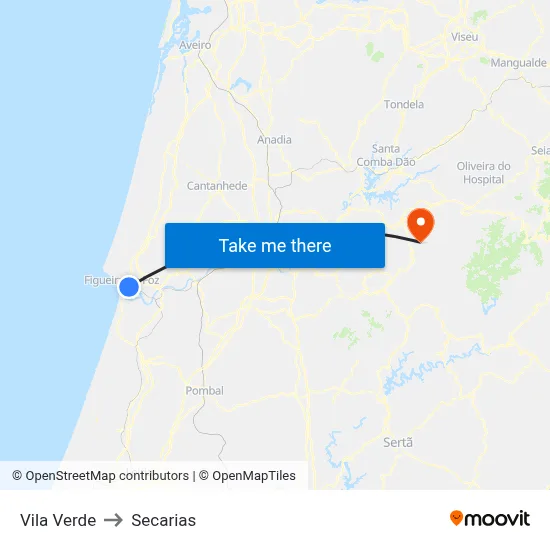 Vila Verde to Secarias map