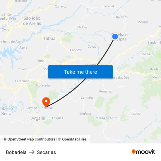 Bobadela to Secarias map
