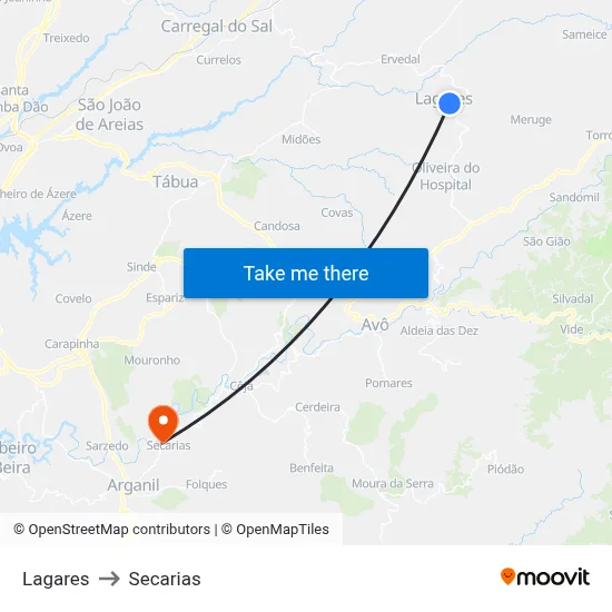 Lagares to Secarias map