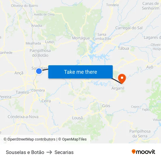 Souselas e Botão to Secarias map