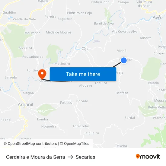 Cerdeira e Moura da Serra to Secarias map
