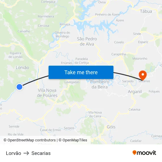 Lorvão to Secarias map