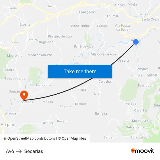 Avô to Secarias map