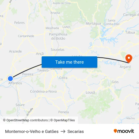 Montemor-o-Velho e Gatões to Secarias map