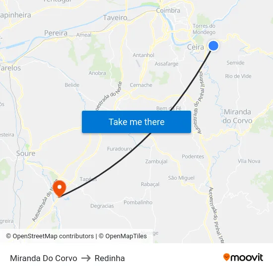 Miranda Do Corvo to Redinha map