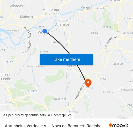 Abrunheira, Verride e Vila Nova da Barca to Redinha map