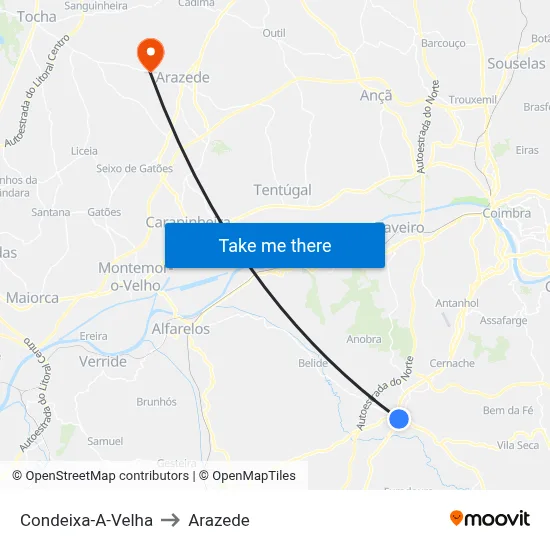 Condeixa-A-Velha to Arazede map