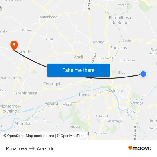 Penacova to Arazede map