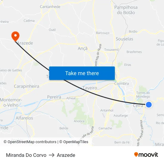 Miranda Do Corvo to Arazede map