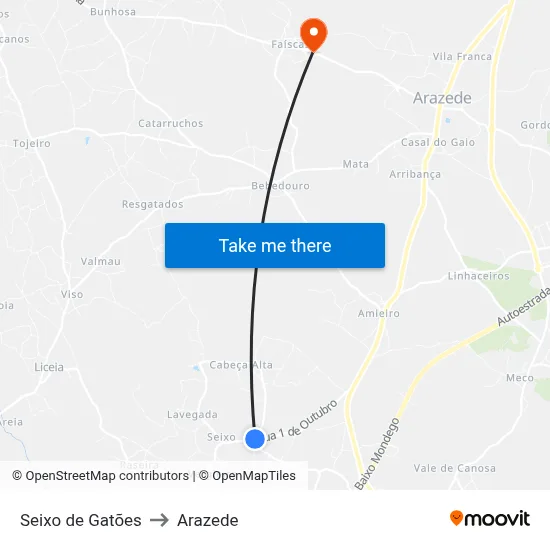 Seixo de Gatões to Arazede map