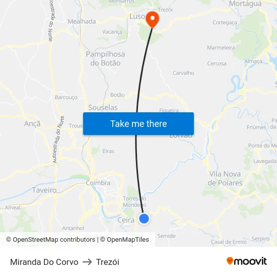 Miranda Do Corvo to Trezói map