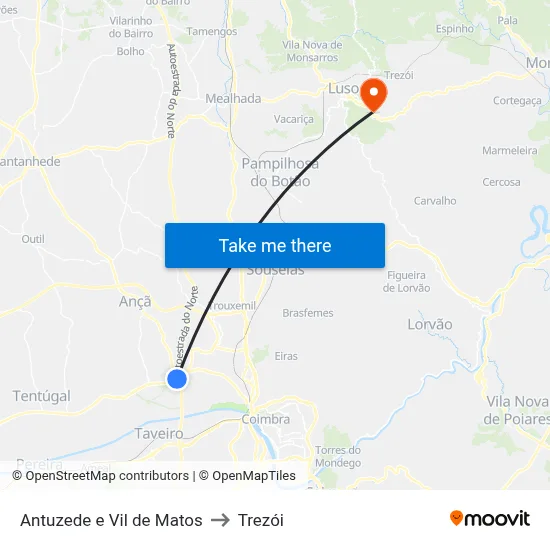 Antuzede e Vil de Matos to Trezói map