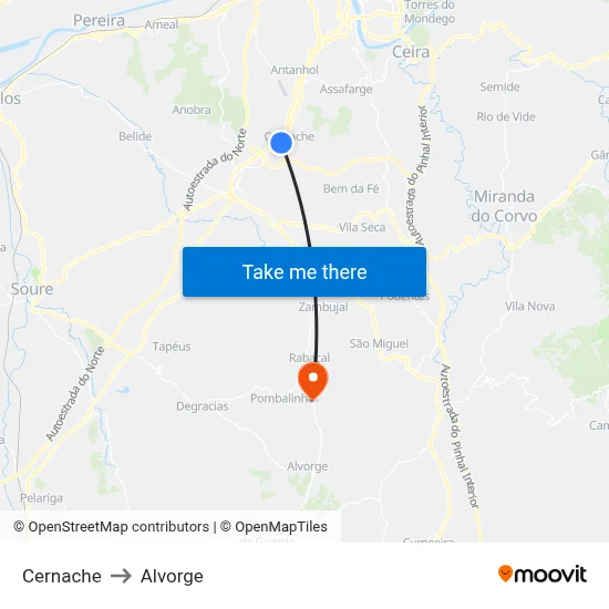 Cernache to Alvorge map