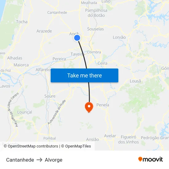 Cantanhede to Alvorge map