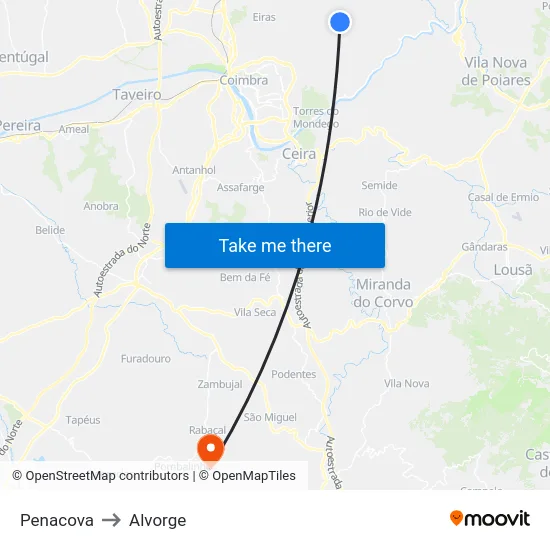 Penacova to Alvorge map
