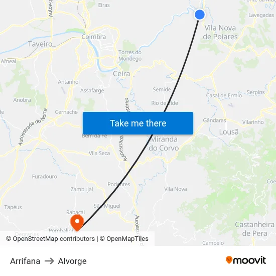 Arrifana to Alvorge map