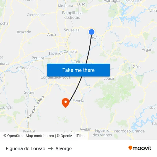Figueira de Lorvão to Alvorge map