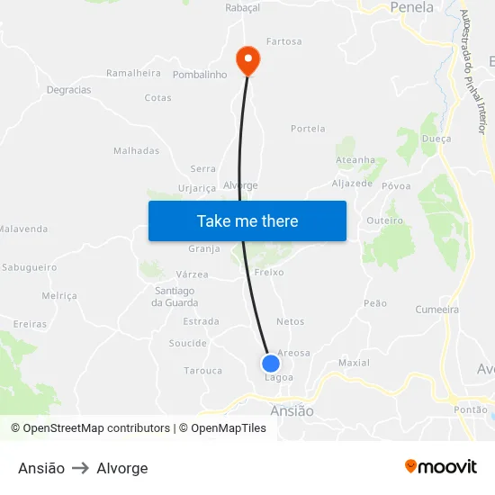 Ansião to Alvorge map
