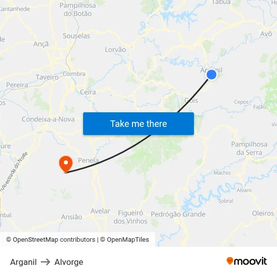 Arganil to Alvorge map