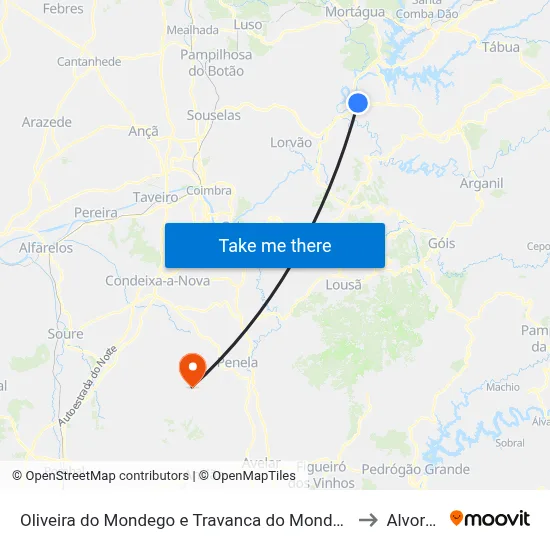 Oliveira do Mondego e Travanca do Mondego to Alvorge map