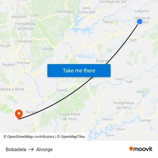 Bobadela to Alvorge map
