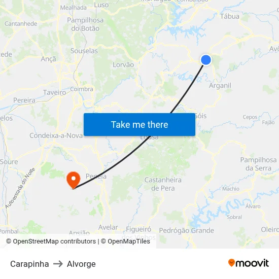 Carapinha to Alvorge map