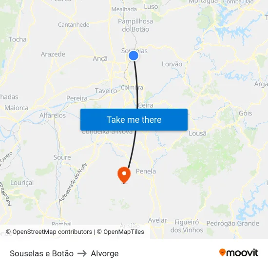 Souselas e Botão to Alvorge map
