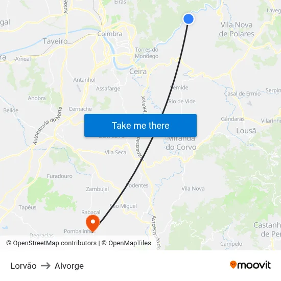Lorvão to Alvorge map