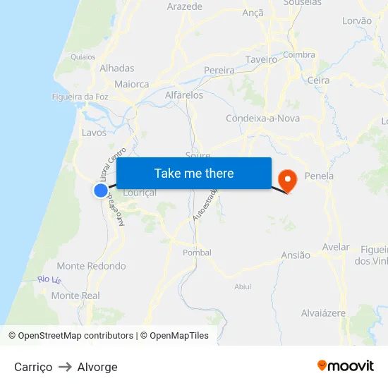 Carriço to Alvorge map