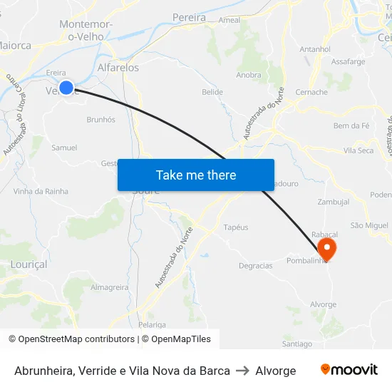 Abrunheira, Verride e Vila Nova da Barca to Alvorge map