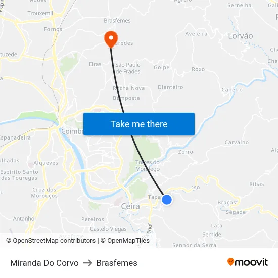 Miranda Do Corvo to Brasfemes map